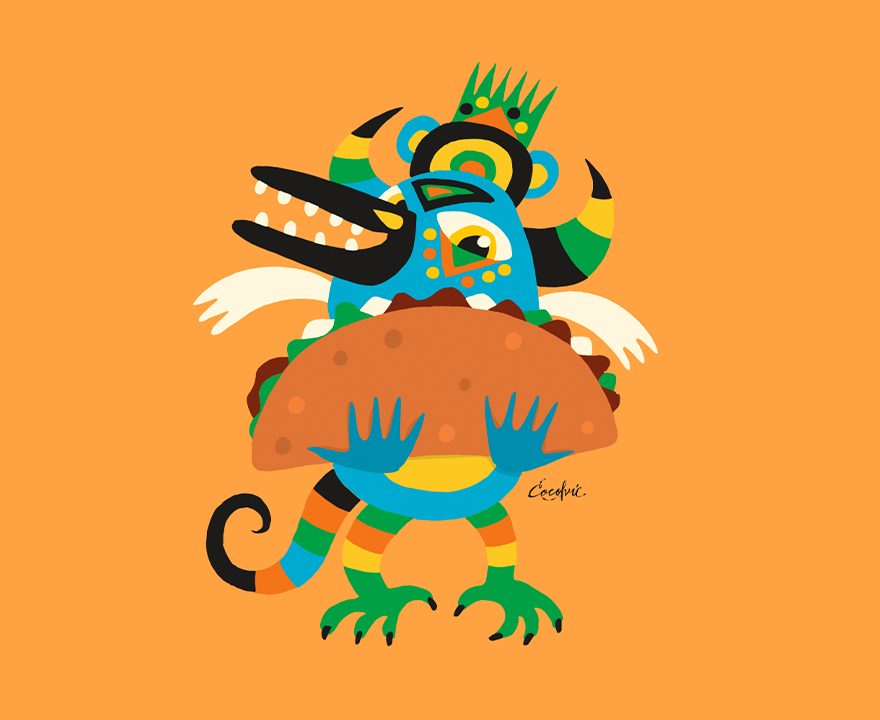 Illustration type mexicaine d'un personnage mangeant un taco